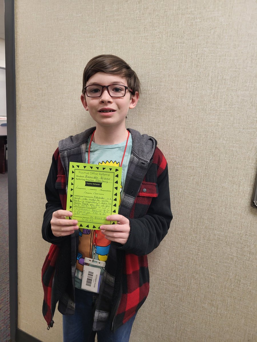 RMSRavens's tweet photo. Positive Office Referral for Xander! Congratulations! Great Job being responsible, showing empathy to others, being cooperative and having awesome self-control! We are proud of you! #positivereferral #RVMS #WEARE https://t.co/Yug93qWolf