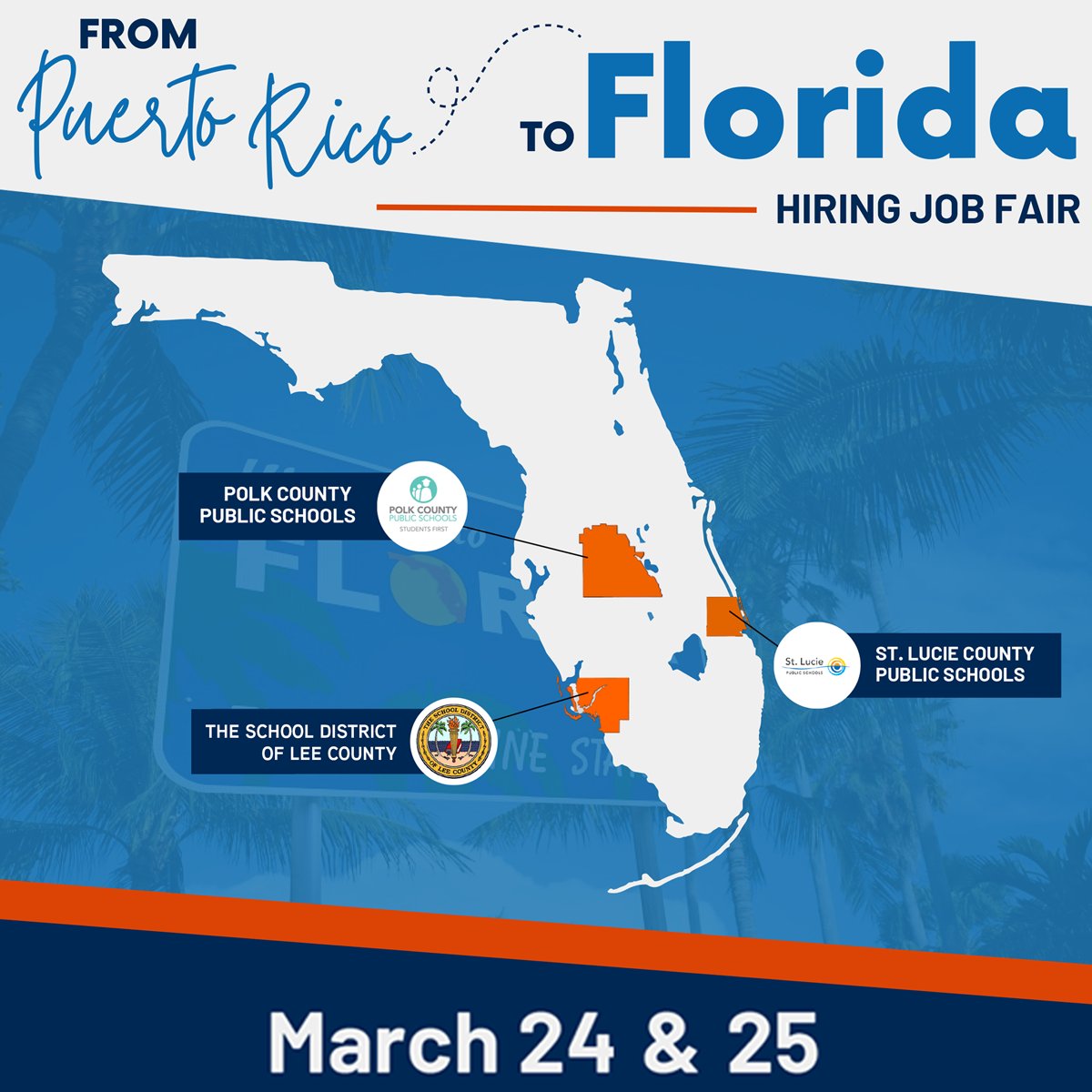 Do you live in Puerto Rico &amp; are you looking for a career in education in the Sunshine State? Join The School District of Lee County, <a href="/PolkSchoolsNews/">Polk County Public Schools</a> &amp; <a href="/1SLPS/">St. Lucie Public Schools</a> for a hiring job fair in San Juan, Puerto Rico on Mar. 24 &amp; 25. Register: forms.gle/W1tRf5JcQ3krL5… #teachers #jobfair