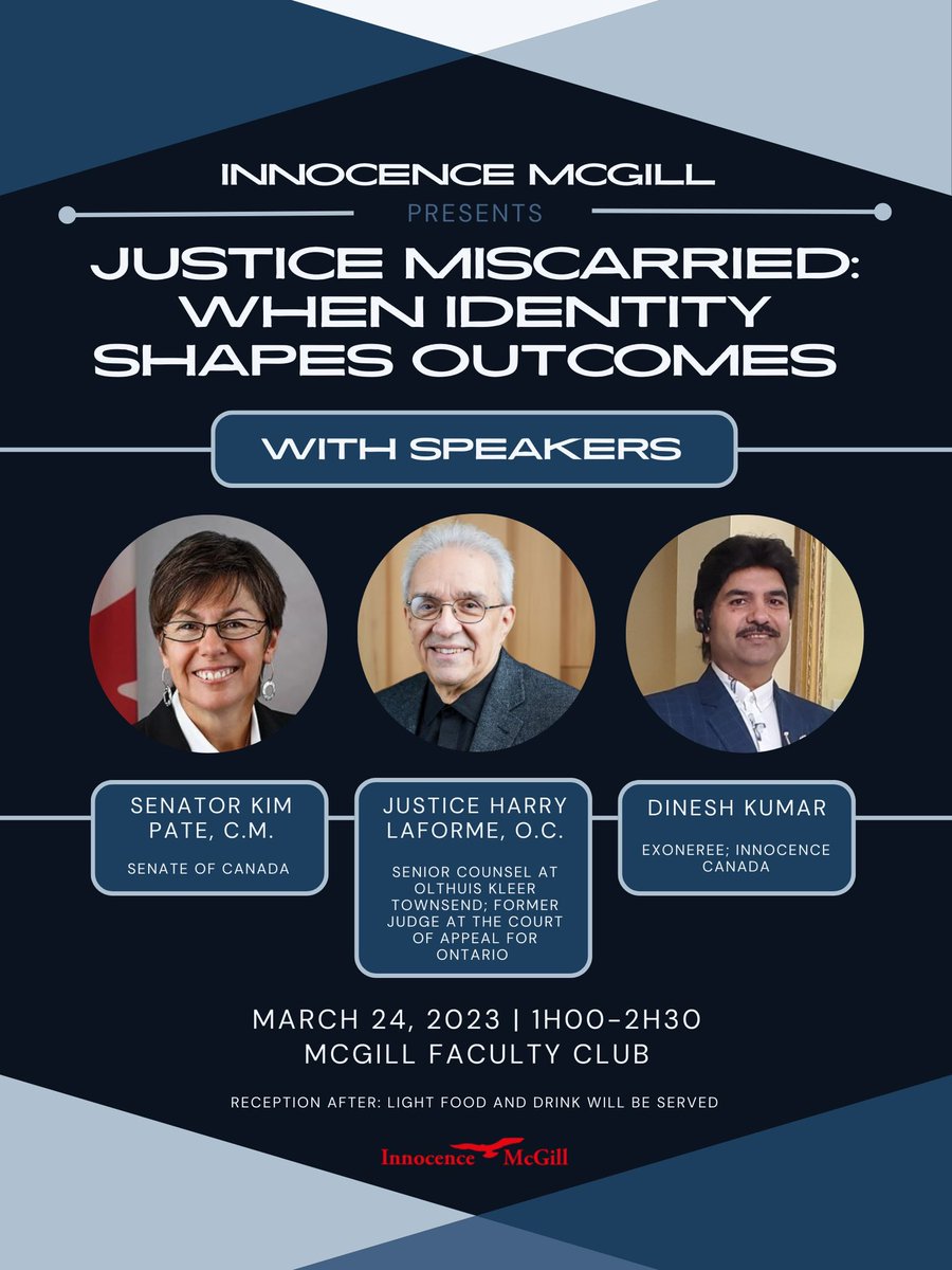International Wrongful Conviction Day Committee (@_wcday) on Twitter photo Join <a href="/InnocenceMcGill/">Innocence McGill</a> on March 24 for “Justice Miscarried: When Identity Shapes Outcomes” with Senator Kim Pate, Justice Laforme and exoneree Danish Kumar. Join <a href="/InnocenceMcGill/">Innocence McGill</a> on March 24 for “Justice Miscarried: When Identity Shapes Outcomes” with Senator Kim Pate, Justice Laforme and exoneree Danish Kumar.