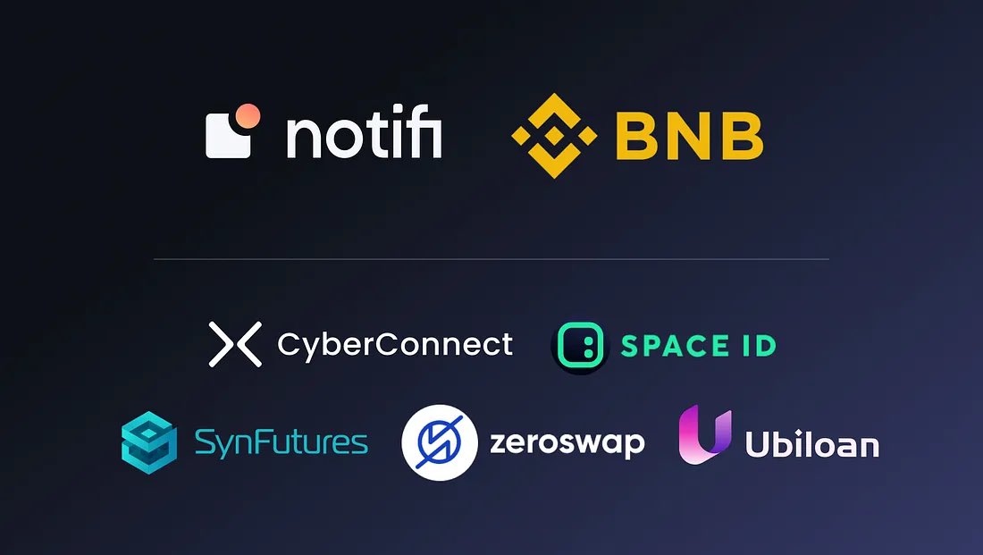 Notifi (@notifinetwork) on Twitter photo ⛓ New Blockchain Support ⛓
<a href="/NotifiNetwork/">Notifi</a> x <a href="/BNBCHAIN/">BNB Chain</a>
We're thrilled to officially join the BNB ecosystem and bring notifications to BNB starting with <a href="/CyberConnectHQ/">(Deprecated) CyberConnect</a>, <a href="/SpaceIDProtocol/">SPACE ID</a>, <a href="/ZeroSwapLabs/">ZeroSwap</a>, <a href="/SynFuturesDefi/">SynFutures</a> & @ubiloan 🚀
Medium: tinyurl.com/BNBlaunch
(1/8) 🧵 ⛓ New Blockchain Support ⛓
<a href="/NotifiNetwork/">Notifi</a> x <a href="/BNBCHAIN/">BNB Chain</a>
We're thrilled to officially join the BNB ecosystem and bring notifications to BNB starting with <a href="/CyberConnectHQ/">(Deprecated) CyberConnect</a>, <a href="/SpaceIDProtocol/">SPACE ID</a>, <a href="/ZeroSwapLabs/">ZeroSwap</a>, <a href="/SynFuturesDefi/">SynFutures</a> & @ubiloan 🚀
Medium: tinyurl.com/BNBlaunch
(1/8) 🧵