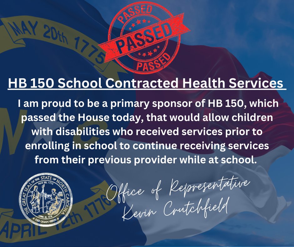 I am proud to be a primary sponsor of HB 150, along with Rep. John Bradford, Rep. Kristin Baker, M.D., and Rep. Carla Cunningham, which passed the House today! 
#NCGA #NCpol #Continuityofcare #HB150