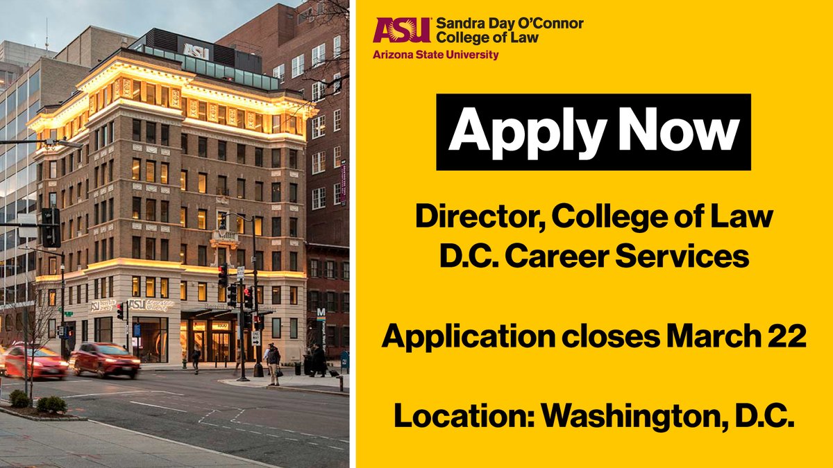 #ASULaw seeks a Dir. of Career Services based in our Washington, D.C. location. This role will also work with our PHX &amp; LA locations to help students find externships &amp; employment. Learn more: linkedin.com/jobs/view/3512… Apply at: cfo.asu.edu/applicant w/ Req ID 89344BR