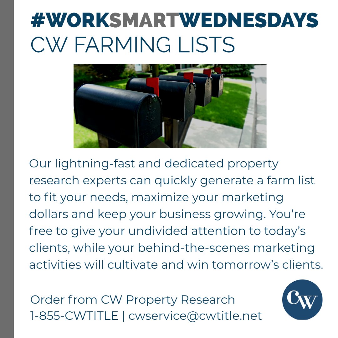 cwtitle's tweet photo. Work smarter not harder with our CW Farming Lists. Order from CW Property Research today!
.
.
.
#cwtitle #seattlerealestate #tacomareaestate #snocorealestate #spokanerealestate #chelan #douglascounty #wenatchee #titleandescrow #escrow #titleinsurance #pnw https://t.co/UQoFJtAUNH
