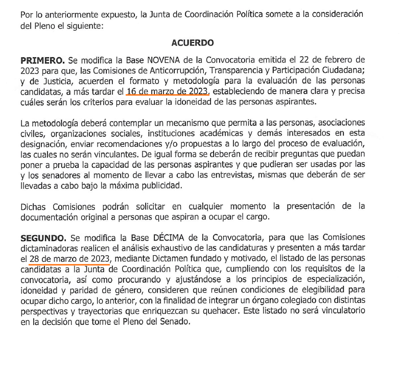 #DesignacionesINAI | 🚨 El <a href="/senadomexicano/">Senado de México</a> acordó al modificación de plazos de la convocatoria para la designación de una comisionada o comisionado más del <a href="/INAImexico/">INAI</a>, retrasan al 16 de marzo el límite para presentar la metodología de evaluación.

▶️senado.gob.mx/65/gaceta_del_…