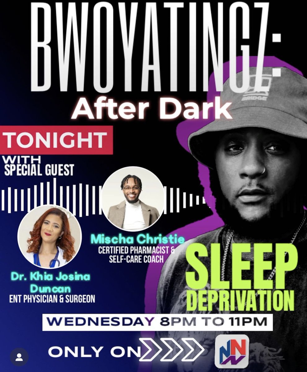 KhiaJosina's tweet image. Join myself and @MischaChristie on @BwoyatingzS tonight on @NationwideRadio as we discuss Sleep deprivation and the options for treatment. I’ll be introducing a sleep monitoring device which helps to diagnose sleep disorders. Tune in 8pm to 11pm. #sleepawareness 😴🛌