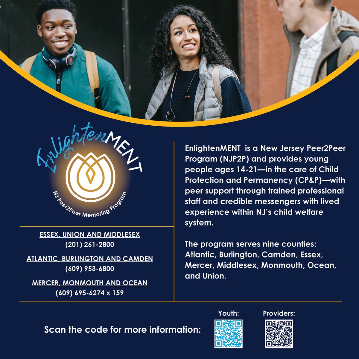 The <a href="/NJDCF/">NJ Department of Children and Families</a> officially launched its new NJ Peer2Peer Program, known as EnlightenMENT!

The NJP2P program delivers supportive services that offer advice, guidance, and empowerment strategies that support young people to navigate and thrive while involved in NJ’s foster care system.