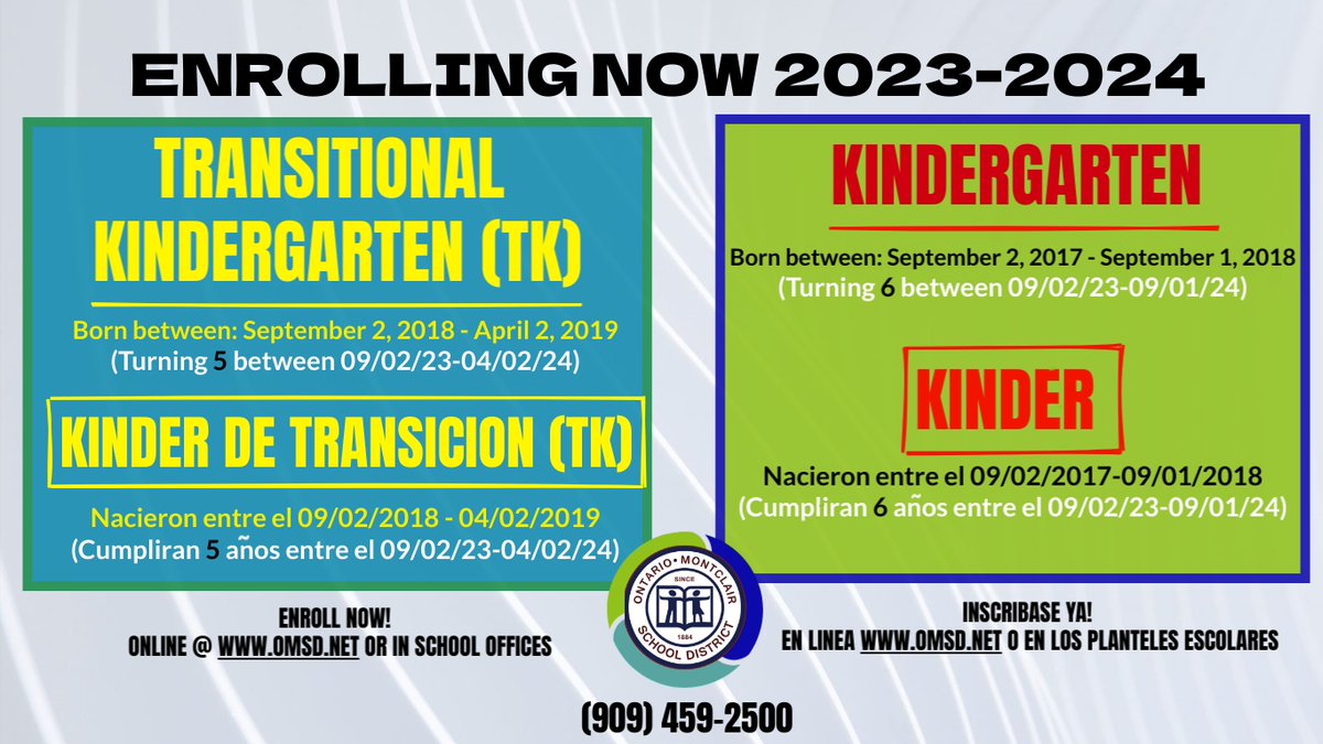 TK-Kinder Enrollment is now open - OMSD is now enrolling for 2023-2024 school year.
 
La inscripción para TK-Kinder ya está abierta - OMSD ahora está inscribiendo para el año escolar 2023-2024.