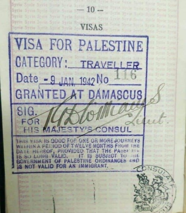 Yonatanfan's tweet photo. Palestinian Visa in 1942,2 years before anyone heard of israel. https://t.co/2ISXwuWfpX