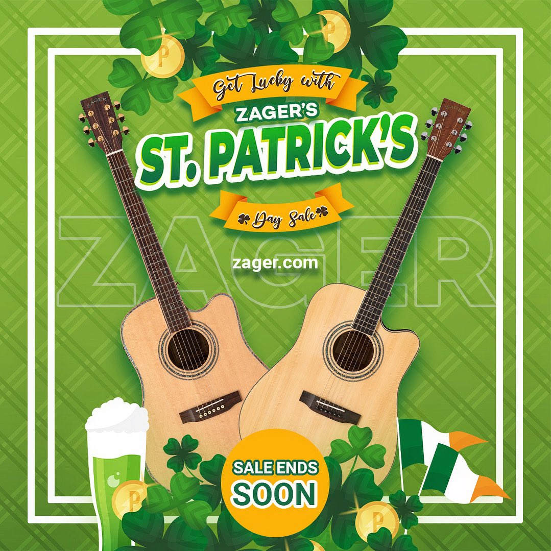 ☘️ GET LUCKY with the Zager St. Paddy Day Sale … going on now!! 🛒 SHOP: zagerguitar.com/st-patricks-da… #zager #zagerguitar #stpaddysday #StPatrickDay #acousticguitar #guitar #guitarsale #guitarplayer #guitars #easyplay #ezplay