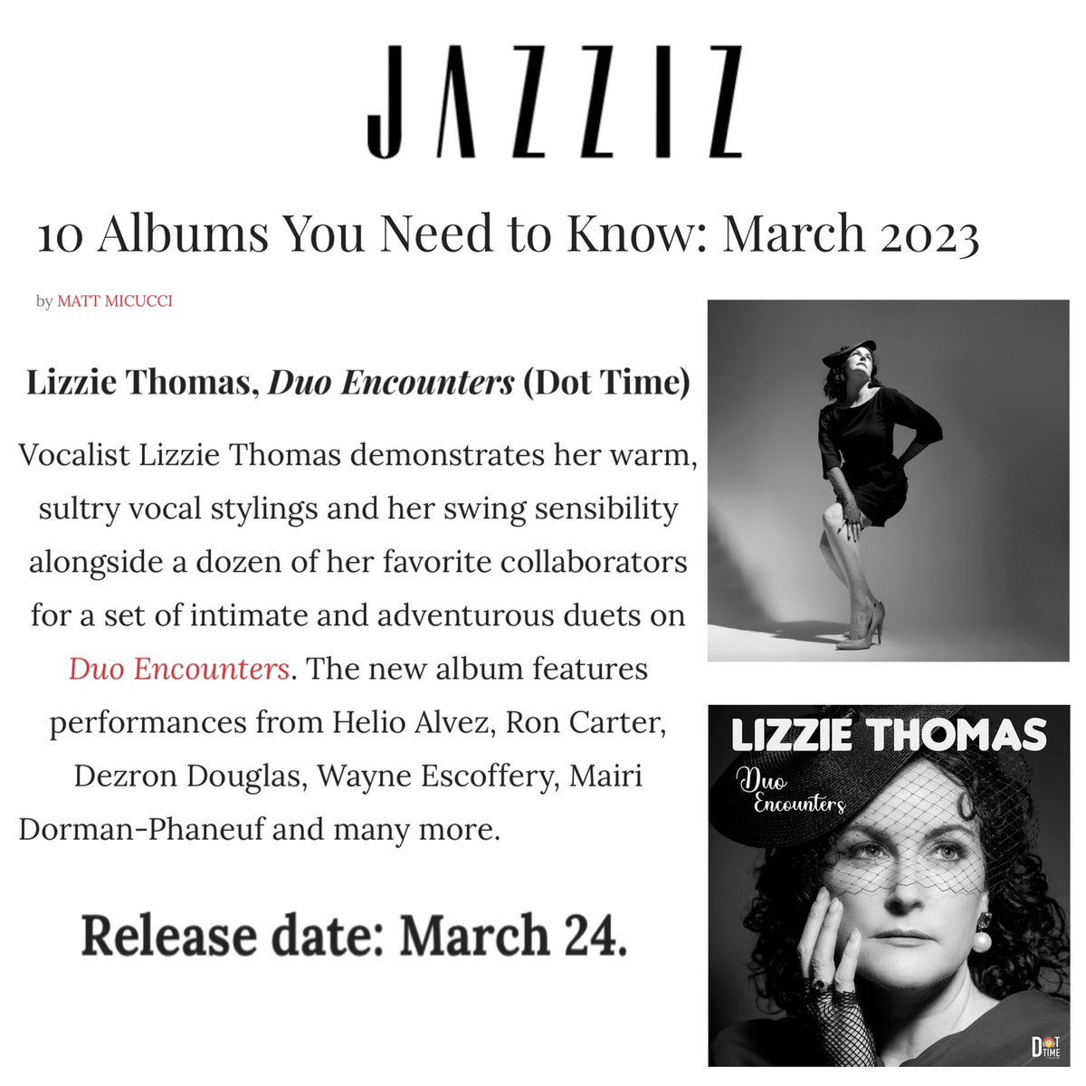DotTimeRecords's tweet image. Thanks to @JazzizMagazine for featuring Duo Encounters by Lizzie Thomas as one of 10 albums you need to know!

jazziz.com/10-albums-you-…

#jazziz #vocaljazz #duoencounters #jazzmagazine #lizziethomas #vocaljazz #jazzsinger #jazzduos