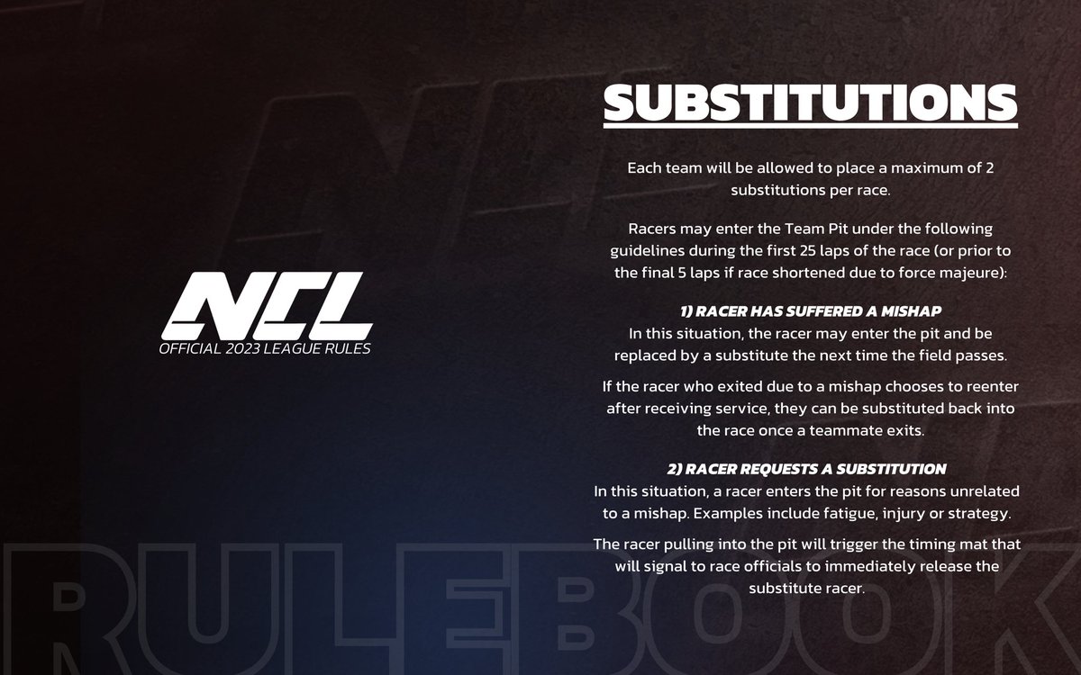 Yup, we’ve got subs!

The 2023 NCL Cup Series will introduce in-game substitutions. Join us in Miami Beach on April 8th as we revolutionize the sport of cycling.

Click the 🔗 in our bio to visit our website, which includes a summary of our NCL Cup Rules.

#NCL #NCLCup2023🏆