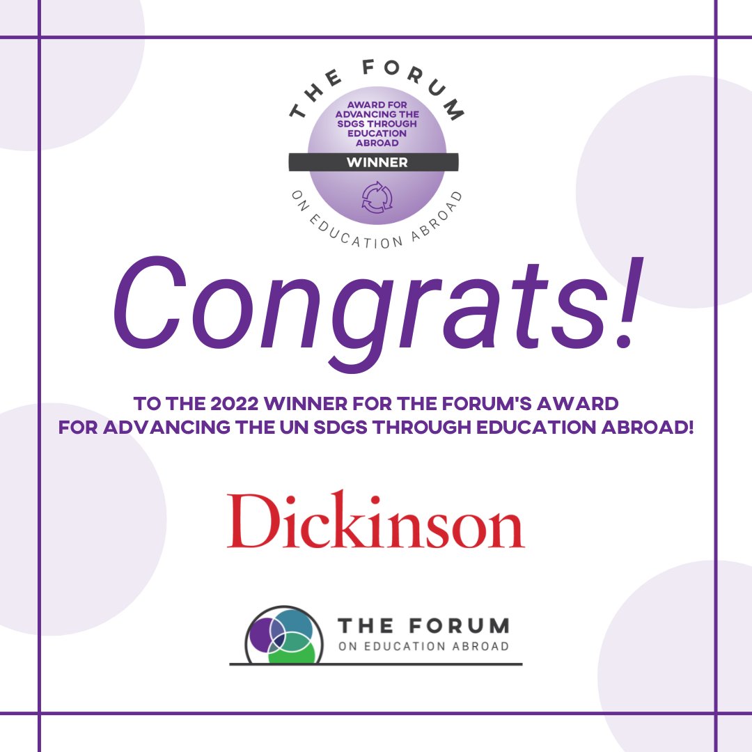ForumEA's tweet photo. We’re excited to share that @DickinsonCol was named the 2022 recipient of the Award for Advancing the U.N. Sustainable Development Goals (SDGs) through Education Abroad. Congrats!

Learn more: https://t.co/MT742jv2T4

#ForumEA23 #educationabroad #UNSDGs #SDGs #sdgs2030 https://t.co/NLzKU0hdxK
