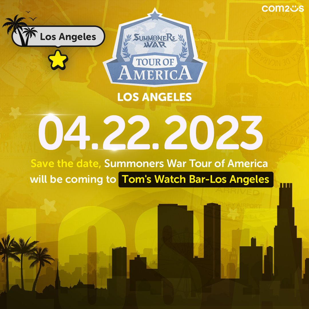 summonerswarapp's tweet photo. Tour of America is returning to Los Angeles! 📢

The meetup will be held at Tom’s Watch Bar on April 22nd, 2023 so make sure to sign up and get ready to hang out with other Summoners!

Register now! 🎟️
https://t.co/bUJkmhcSKe

#SummonersWar #Com2us #LosAngeles #SWTOA #SWTOALA https://t.co/z2JjYg7uZn