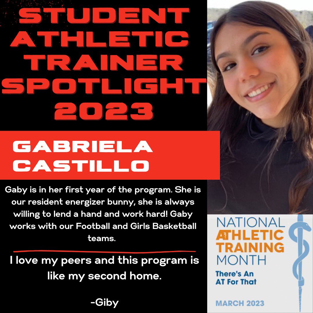 falcons_sm's tweet photo. Our next NATM Student AT Spotlight is Gabriela Castillo, aka Giby! 

Giby is in her first year of the program and always brings the energy! She works with our football and girls basketball teams! https://t.co/3B2hHJ7BMw