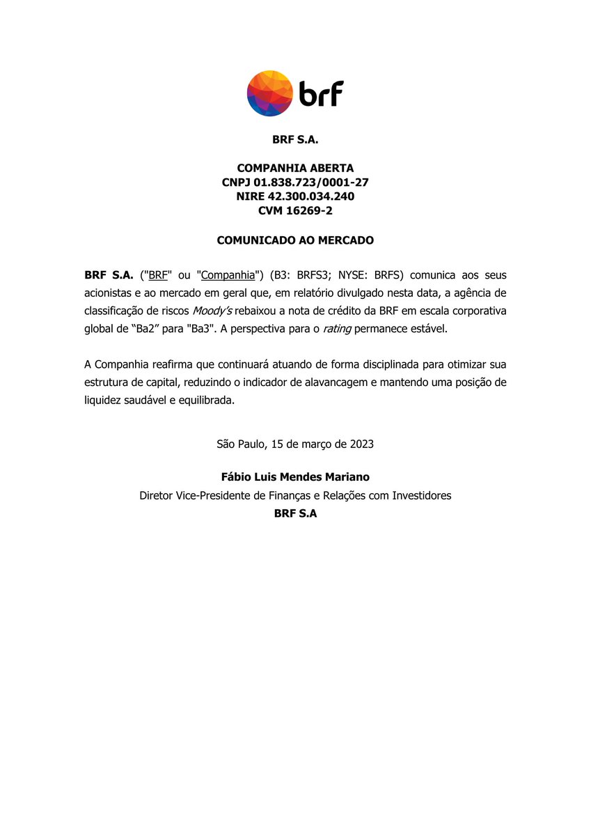 CalixtoCapital's tweet image. #BRFS | BRF SA | Comunicado ao Mercado