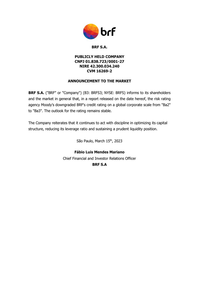 CalixtoCapital's tweet image. #BRFS | BRF SA | Comunicado ao Mercado