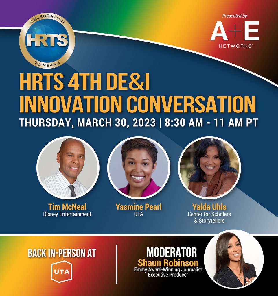 HRTSOfficial's tweet photo. HRTS 4TH DE&amp;I &amp; INNOVATION CONVERSATION PRESENTED BY A+E NETWORKS GROUP

Thursday, March 30, 2023 | 8:30 AM - 11 AM PT

Hosted at UTA in Beverly Hills

Register here: https://t.co/IgK4l7pQoM

#DiversityandInclusion #HRTSEvents #HRTS #DEI #entertainmentindustry #networking https://t.co/uVO9uVuWl1