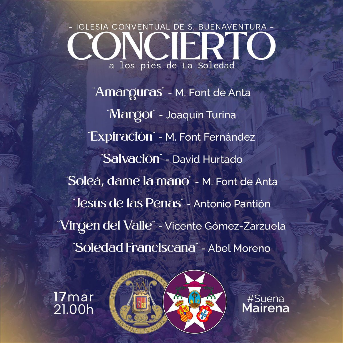 BandaMairena's tweet photo. 📣 Un concierto para disfrutar, con un repertorio a la altura de la ocasión.

Viviremos una gran noche junto con nuestros hermanos de la @hdadsoledad.

El próximo viernes nos trasladaremos a la tarde del Viernes Santo tras La Soledad.

🎟️ Entrada libre

📲 #SuenaMairena https://t.co/DEz1pjm28I