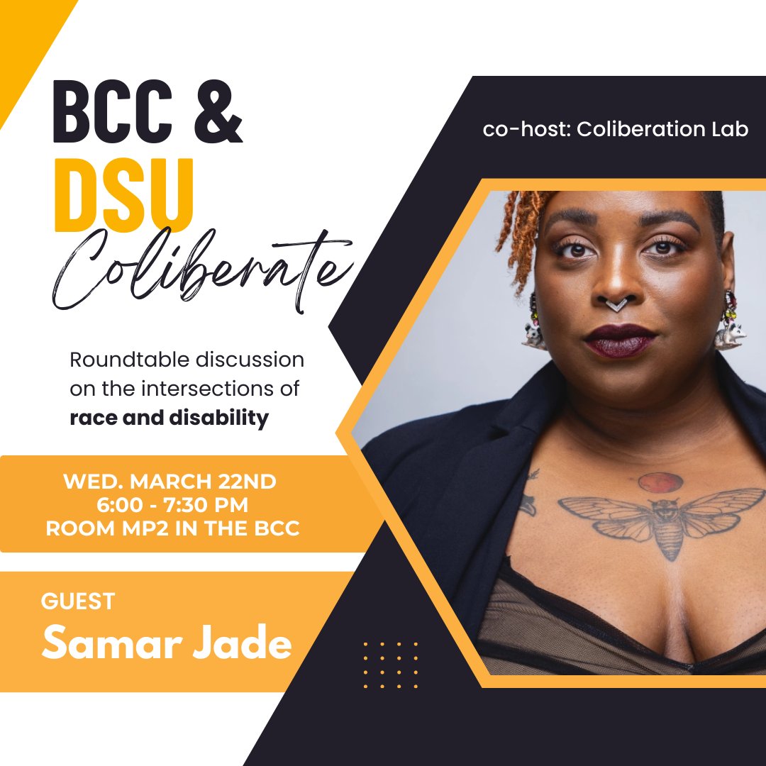 ColiberationLab's tweet image. At this roundtable on race and disability, co-hosted with the @purdue_bcc and the Disabled Student Union, @FractalEcho will be interviewing special guests Samar Jade and @DrChairington