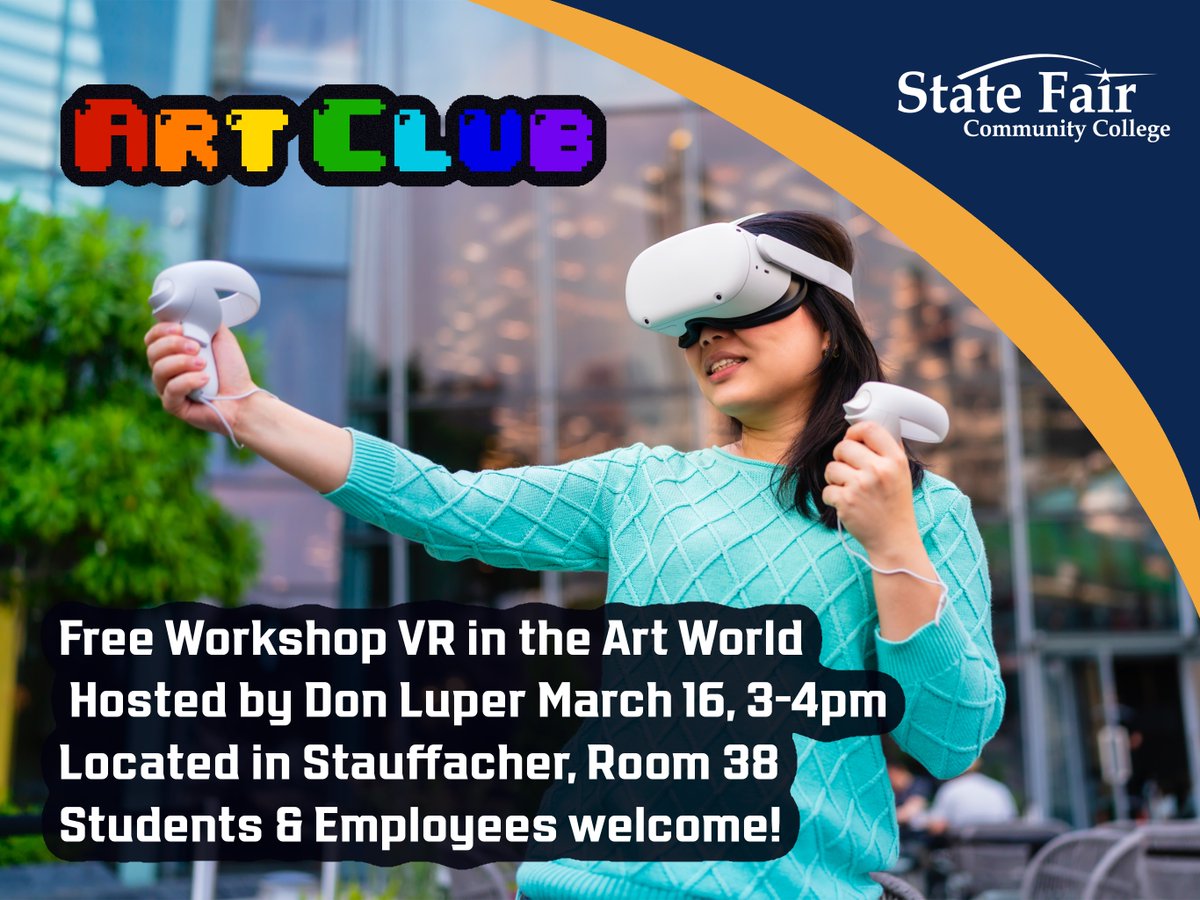 sfccmo's tweet photo. Students and employees are invited to attend another FREE Art Club Workshop 3-4 p.m. March 16 in Stauffacher, Room 38.
Donnie Luper is the featured workshop leader and will discuss the use of virtual reality (VR) in the art world.
#SFCCArts #BeARoadrunner https://t.co/dtRPhL7mMn