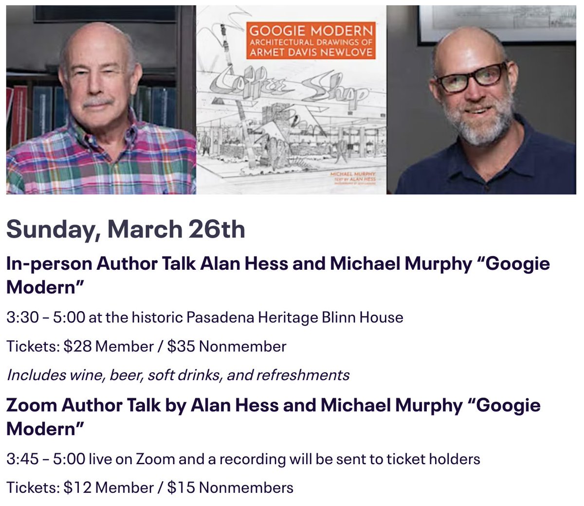 AngelCityPress's tweet photo. Alan Hess Hess and Michael Murphy are talking about “Googie Modern” for @PasHeritage! March 26th, Alan and Michael will be presenting in person at the Blinn House in Pasadena!
More information and tickets can be found at: https://t.co/3v1v3WELY3
#midcenturymod #googie https://t.co/isa20mTA3G