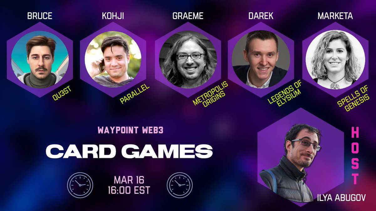 AbugovIlya's tweet image. The card game genre has been at the center of #Web3Games on the next #WaypointWeb3 we dive into it with:

@Bruce_QU3ST @QU3ST_io 
@ParallelTCGpod @ParallelTCG 
@zaphodgjd @metro_origins 
@Darek_Sandman @LegendsElysium 
@SpellsofGenesis 

Don’t miss it: