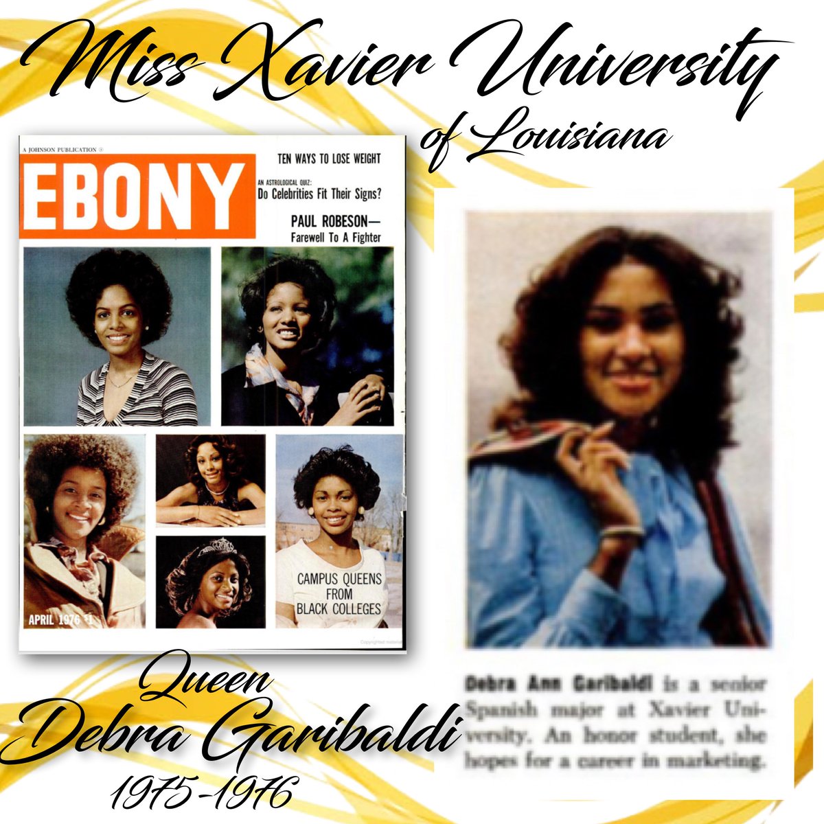 ForeverMissXU's tweet photo. Debra Ann Garibaldi, the 1975 - 1976 Miss Xavier University, was a Spanish major interested in pursuing a career in marketing. https://t.co/WTK9hhNKKU