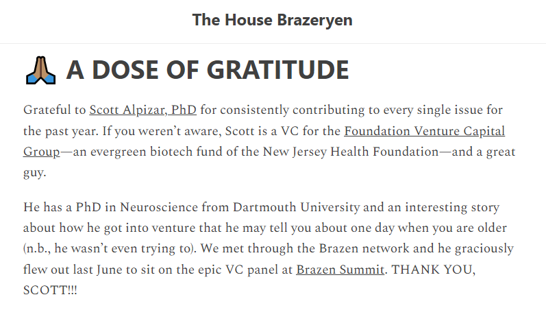 Can't believe it's already been a year that I've been writing the "VC Corner" for The House Brazeryen, <a href="/BrazenBio/">Brazen Bio</a>'s bi-weekly newsletter! I also can't believe I didn't even realize that yesterday was a year 🤦‍♂️