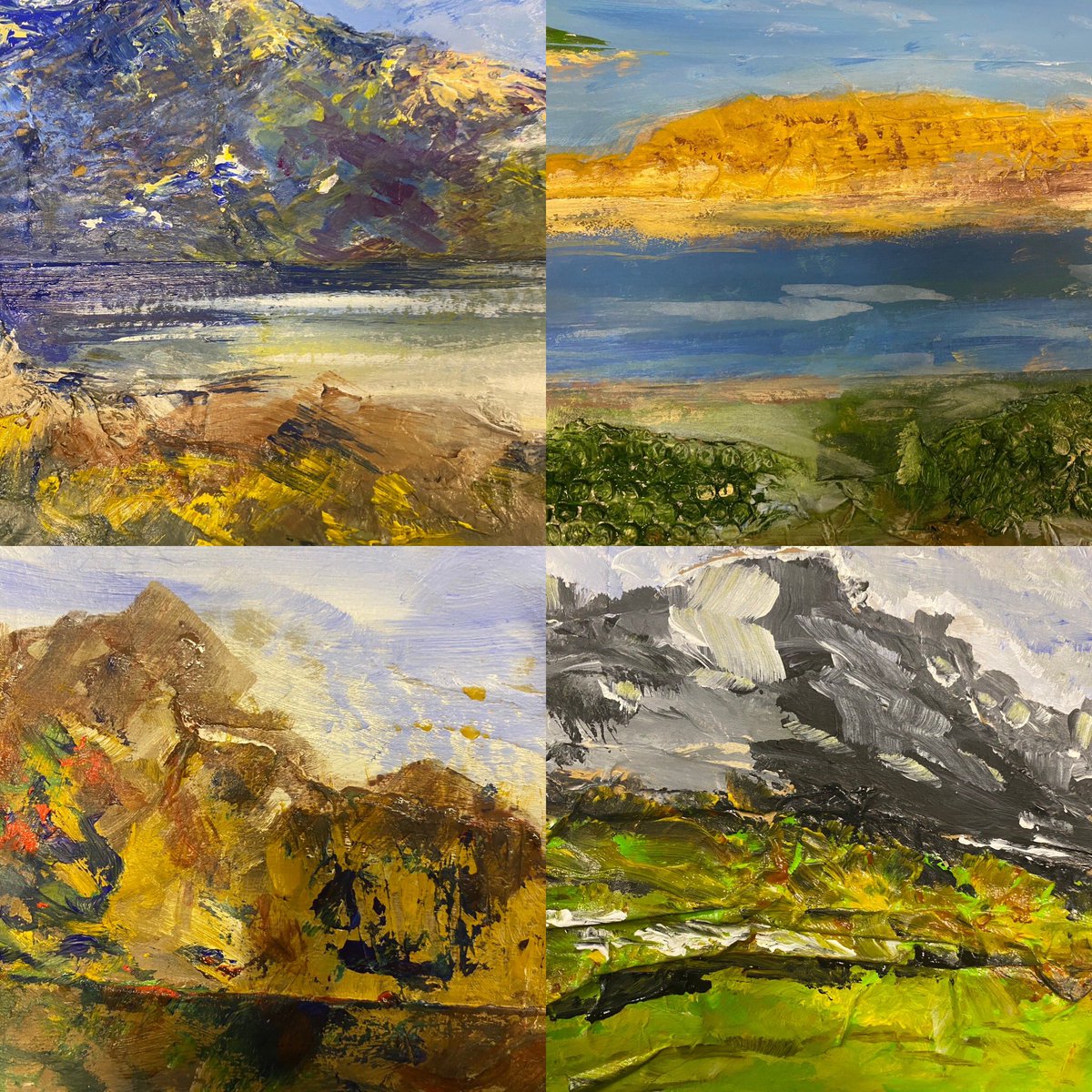 A wonderful evening working with the Yorkshire artist, Julia Borodina, creating landscapes. Lots of acrylic and emulsion paint. Lots of ripped card and paper. And lots of mess!