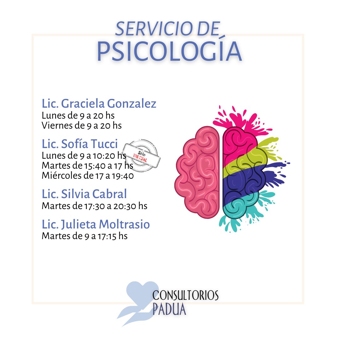 Agendá bien las profesionales y sus horarios.
La atención es sólo de forma particular.
Estamos para ayudarte. No dudes en consultarnos.
Queremos cuidarte.

#consultorios #consultoriospadua #salud #consultoriosmédicos #turnos #prevencion #cuidarteescuidarnos #queremoscuidart