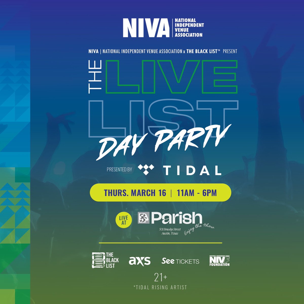 theblcklst's tweet photo. Spending time in Austin at @SXSW this week? Join us, @nivassoc and some INCREDIBLY talented artists for the #LiveList Day Party, presented by @TIDAL!
Check out the very first Live List here, featuring over 300 artists: https://t.co/9dJwh8buOb
RSVP here: https://t.co/tlzJI00rz5 https://t.co/zdsUZBjtR8