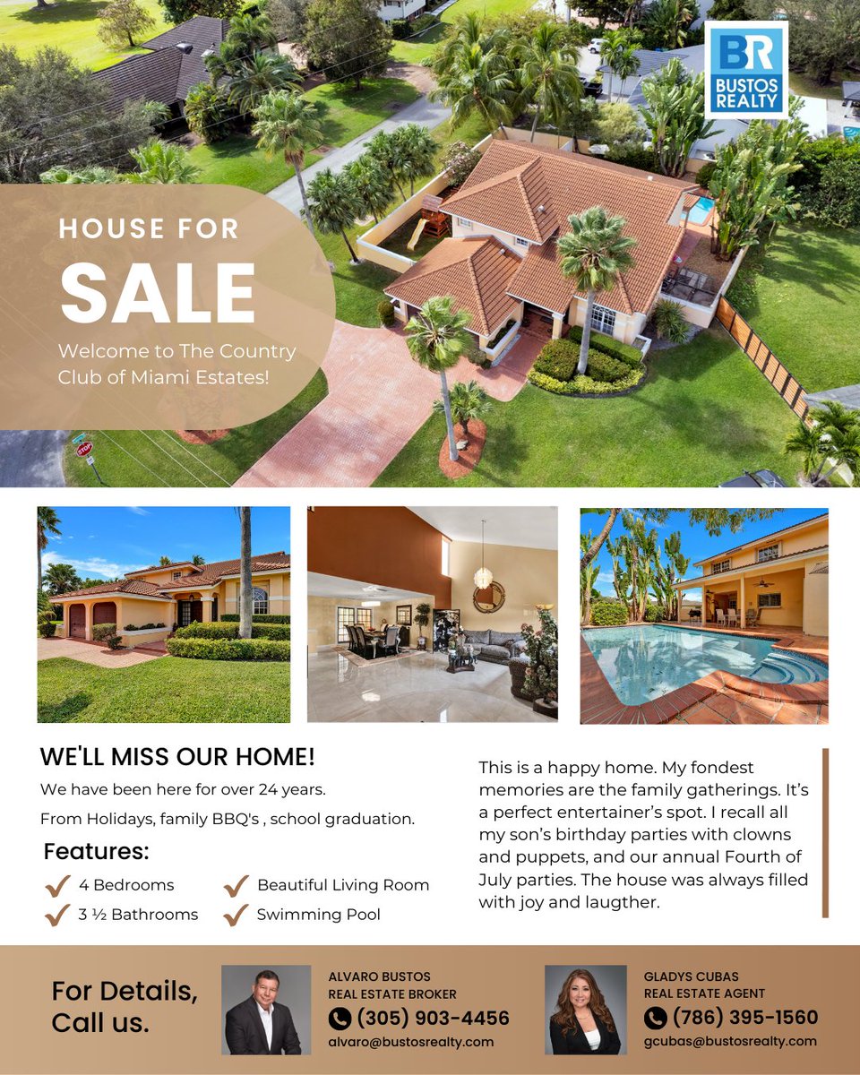 Great home for sale in the Country Club of Miami Estate. 

Features: 
4 Bedrooms 3 1/2 Baths!
Swimming Pool

For details, call Bustos Realty
CONTACT US AT: 
Alvaro Bustos
📞 (305) 903-4456

Gladys Cubas
📞 (786) 395-1560

VISIT US AT: 
🌐 bustosrealty.com

#homeforsale