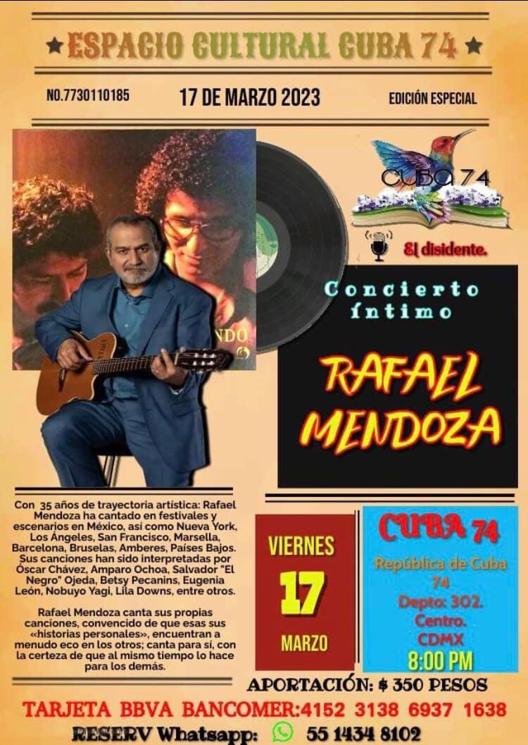 rafamendozasong's tweet photo. Les quiero recordar que me presentaré este 17 de marzo a las 19:30hrs en #Cuba74 (República de Cuba 74, Depto: 302, Col. Centro) El cupo es limitado y será un concierto íntimo en donde habrá una pequeña convivencia. 

Allá nos vemos.

Reservaciones: 55 1434 8102 (WhatsApp) https://t.co/cp95kZ5r3H