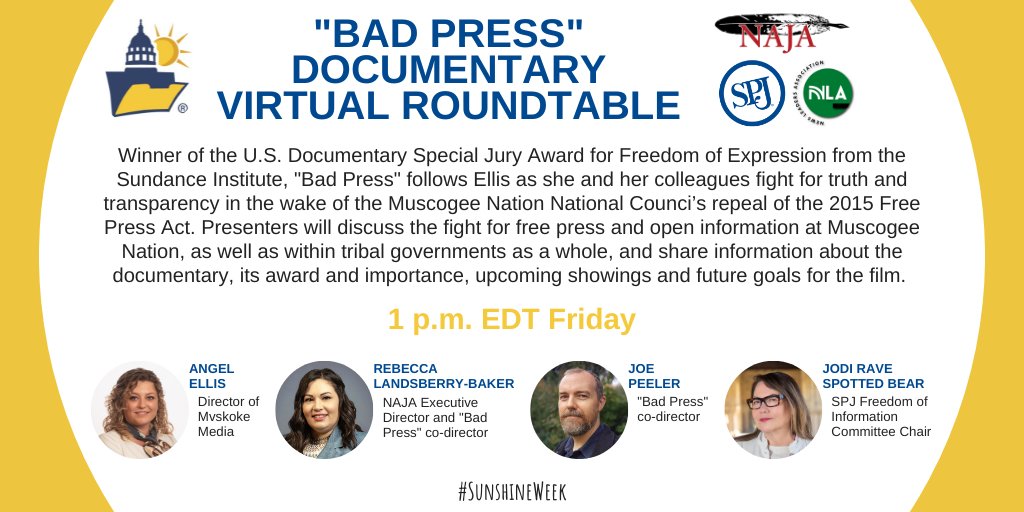 SunshineWeek's tweet image. Friday, @najournalists @spj_tweets &amp;amp; @NewsLeaders will host a virtual round table on #BadPressFilm with @Angel71852238 @BeccaLandsberry @heyjoepeeler &amp;amp; @JodiRave. Join this critical discussion on #FreePress &amp;amp; #IndigenousJournalism. #SunshineWeek Register: us02web.zoom.us/webinar/regist…