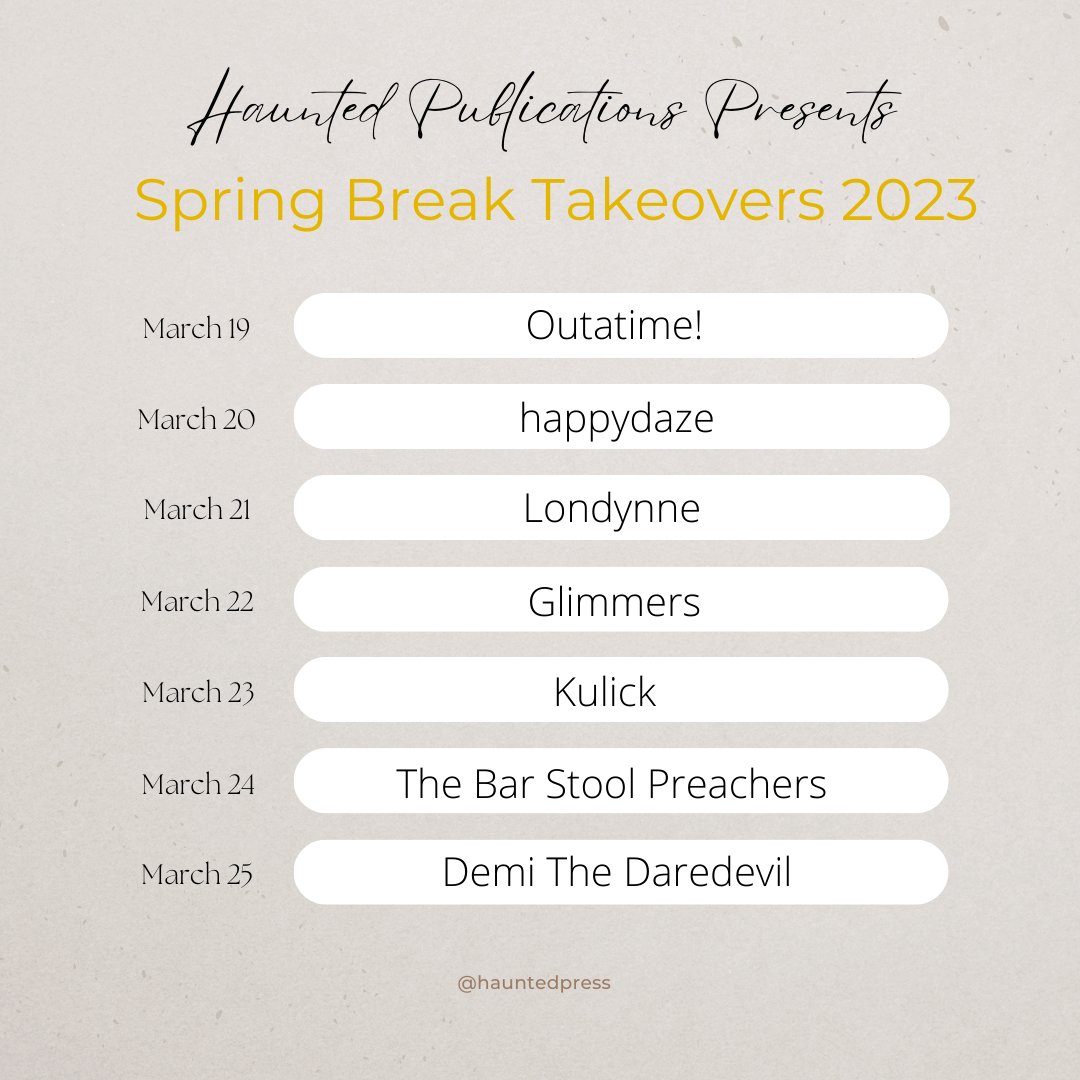 ✨ANNOUNCEMENT✨

Happy to announce we are once again hosting a Spring Break Takeover Series on our Instagram page. Starting THIS SUNDAY, we will have a full slate of amazing artists sharing their day-to-day lives, answering your questions, and even performing LIVE on our IG!