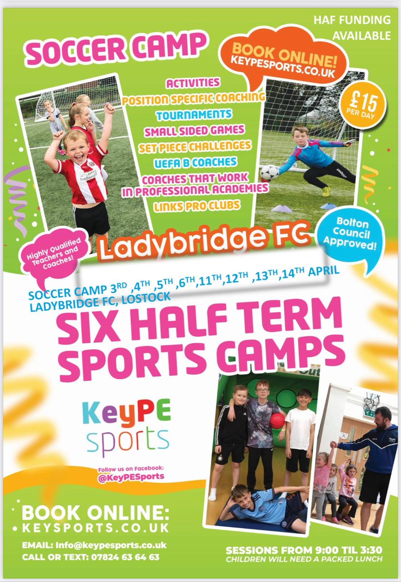 FOOTBALL CAMP
Ladybridge FC 3rd, 4th 5th 6th 11th 12th 13th 14th April 
Only £15 per day👌
Highly qualified coaches 
Professional sessions being delivered each day. Children will need a packed lunch and suitable clothing and footwear.  👟🧤🩳👕
All abilities welcome 🤗