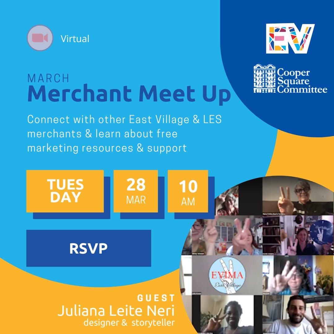 📣 East Village and LES Merchants 📣 EVIMA’s March Merchant Meet Up is 3/28 at 10 AM. We’re focusing on marketing and upcoming events. Juliana Leite Neri, designer and storyteller, will lead a workshop and offer free marketing resources. RSVP evimanyc.org/events-calenda…