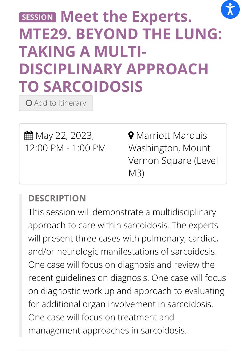 Going to #ATS2023 and want to learn more about multi-disciplinary approaches to #sarcoidosis? Sign up for this meet the expert lunch on 5/22 at noon with @ngilotraMD @barney_stern @atscommunity @ATSMedEd @ATSCPAssembly @ATS_BSHSR @atsearlycareer