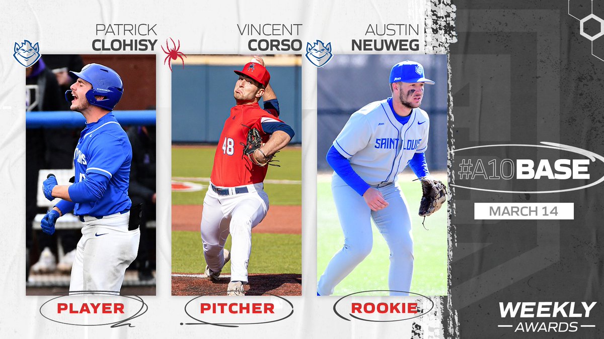 atlantic10's tweet photo. We let the numbers speak for themselves this week...just some absolutely stellar ✨ performances on the diamond for #A10BASE ⤵️

⚾️ Player: Patrick Clohisy, @SLUBaseball
⚾️ Pitcher: Vincent Corso, @SpiderBaseball
⚾️ Rookie: Austin Neuweg, @SLUBaseball

📰: https://t.co/EkWLE8FgU3 https://t.co/iwdoWqgvn8