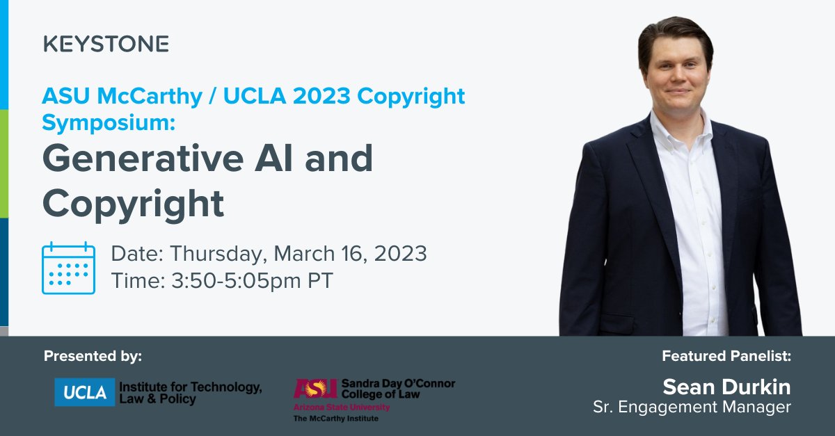 Keystone AI (@keystoneideas) on Twitter photo This week, Sr. Engagement Manager Sean Durkin will be speaking on a panel on #GenerativeAI and #copyright at the 2023 Copyright Symposium presented by <a href="/ASUCollegeOfLaw/">Sandra Day O’Connor College of Law at ASU</a> and the <a href="/UCLAtech/">UCLA Institute for Technology, Law & Policy</a>.
Learn more: events.asucollegeoflaw.com/copyrightsympo… This week, Sr. Engagement Manager Sean Durkin will be speaking on a panel on #GenerativeAI and #copyright at the 2023 Copyright Symposium presented by <a href="/ASUCollegeOfLaw/">Sandra Day O’Connor College of Law at ASU</a> and the <a href="/UCLAtech/">UCLA Institute for Technology, Law & Policy</a>.
Learn more: events.asucollegeoflaw.com/copyrightsympo…