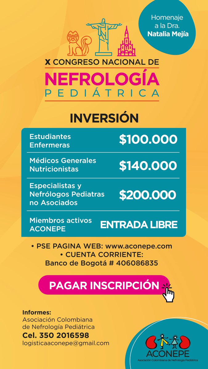 ¿Ya te inscribiste al  X Congreso Nacional de Nefrología pediátrica?

🗓 Aparta las fechas este 25 al 27 de mayo
📍Cali, Colombia

Inscripciones: bit.ly/3jpTFAL 
Recuerda que el pago lo realizas por nuestra página web aconepe.com - Pagos electrónicos.