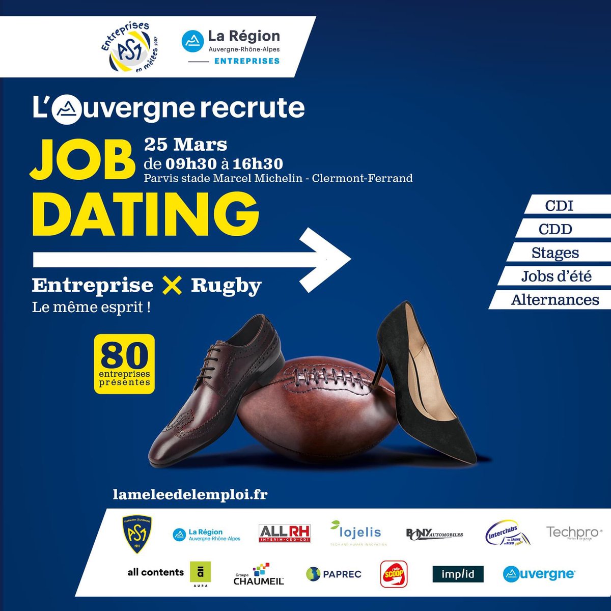 EntASMenmelees's tweet photo. #JOBDATING
"La Mêlée de l'#Emploi ''
80 #entreprises présentes sur le parvis du stade Michelin
25 Mars de 9h30 à 16h30
Des centaines d'#offresdemploi, #stages, #jobs d'été dans tous les secteurs
#OuvertAToutLeMonde
@AuvergneMarque @AURAentreprises 
#auvergnerecrute  #carrières https://t.co/OJ89HhRy54