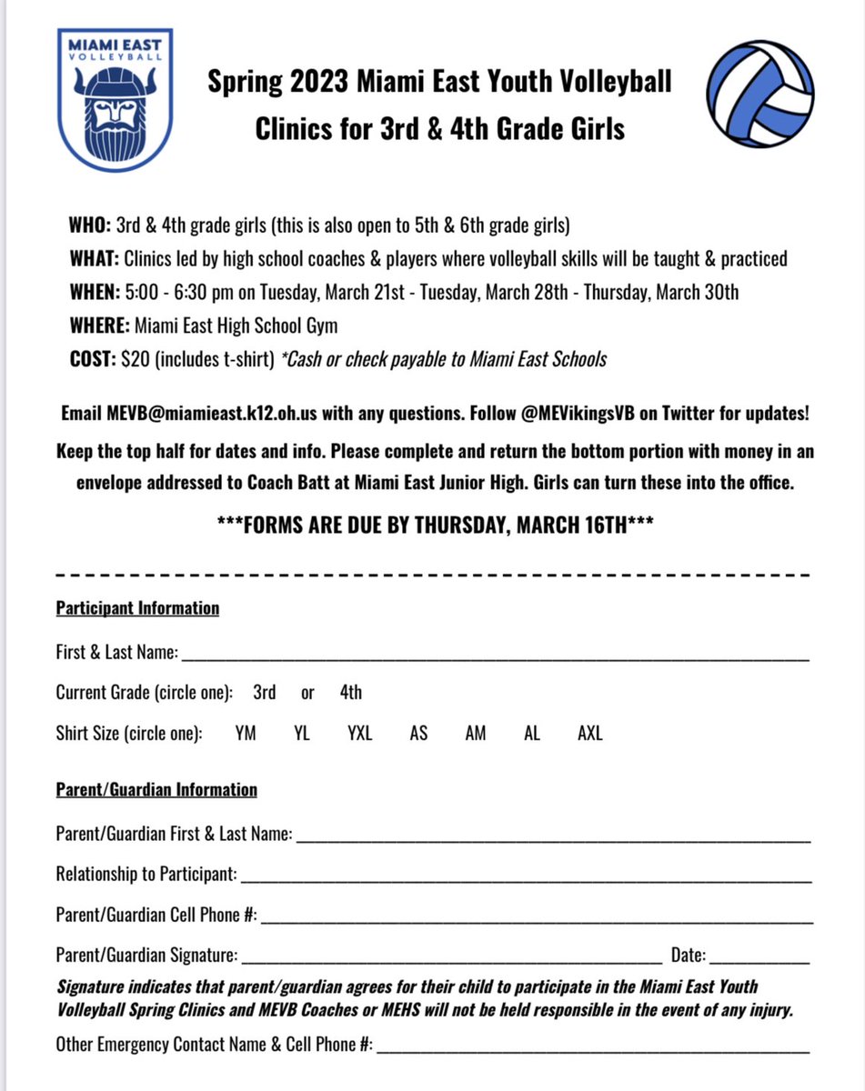 MEVikingsVB's tweet photo. All youth volleyball clinic + league forms are due tomorrow! https://t.co/lFfOheOIlf