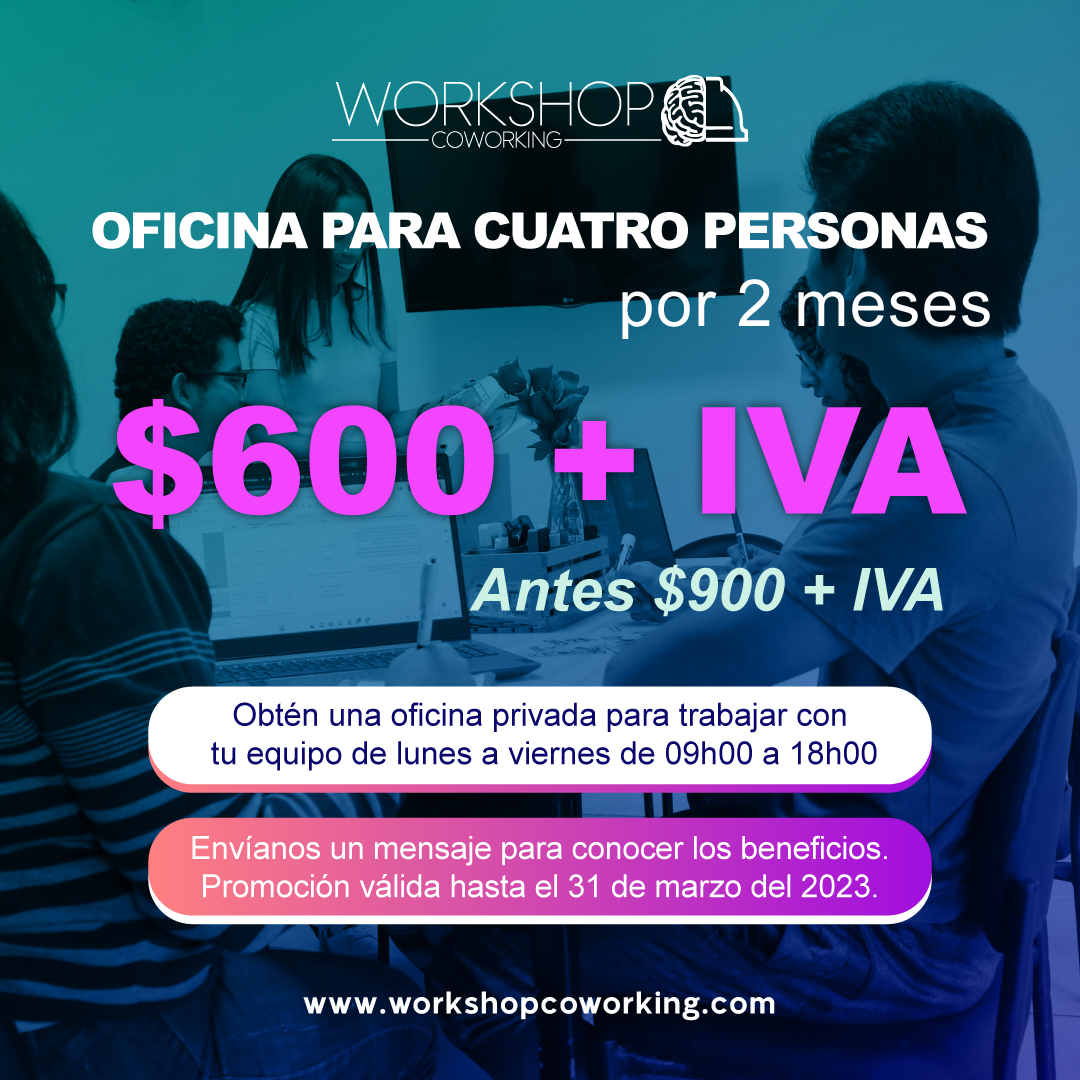 ¿Necesitas un espacio de trabajo para tu equipo? ¡No busque más! Tenemos la solución perfecta para ti.⁣⁣ 🕺👏

¡Adquiere una oficina para 4 personas por 2 meses a tan solo $600 + IVA!

✅ Contrata aqui: bit.ly/oficinaprivada4