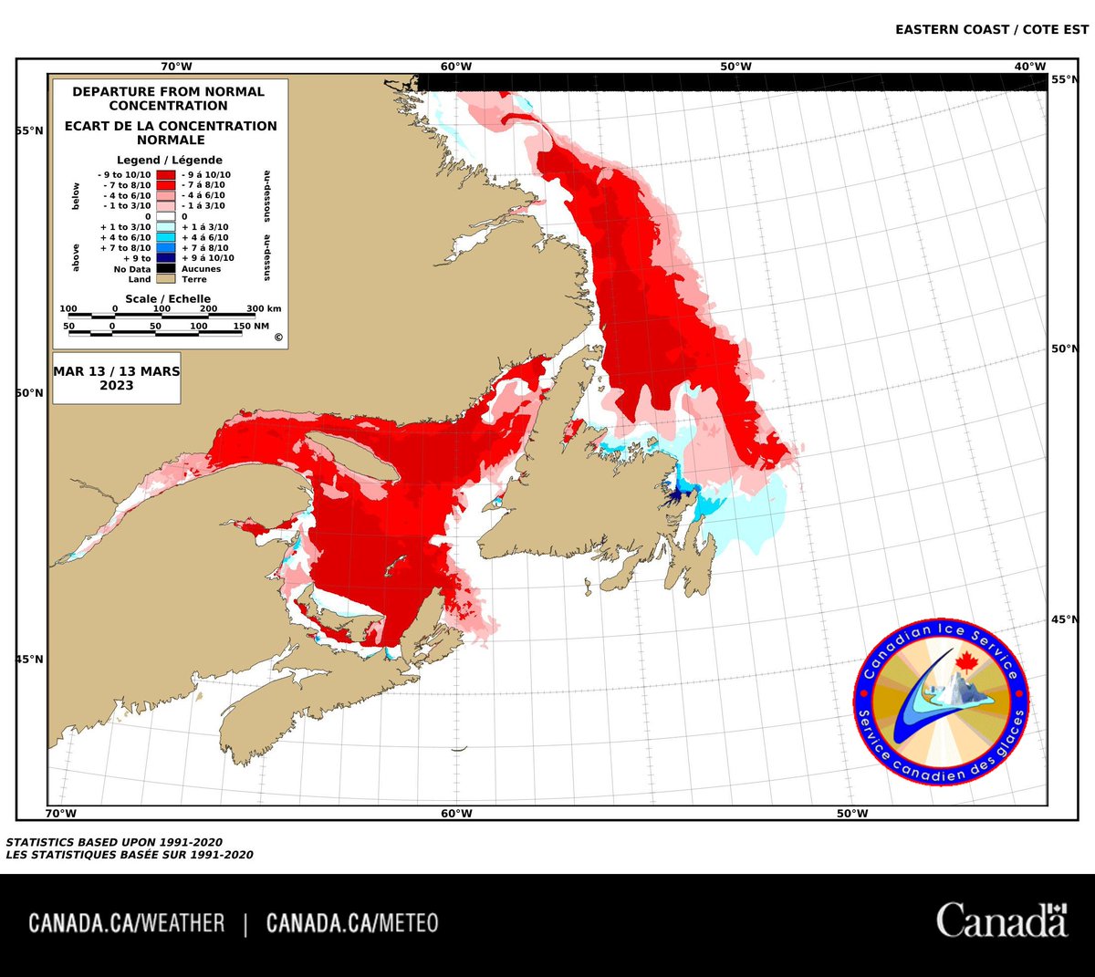 ECCC_CIS's tweet image. The most recent "Departure from Normal Concentration" chart for the East Coast region shows a #seaice coverage far below normal.