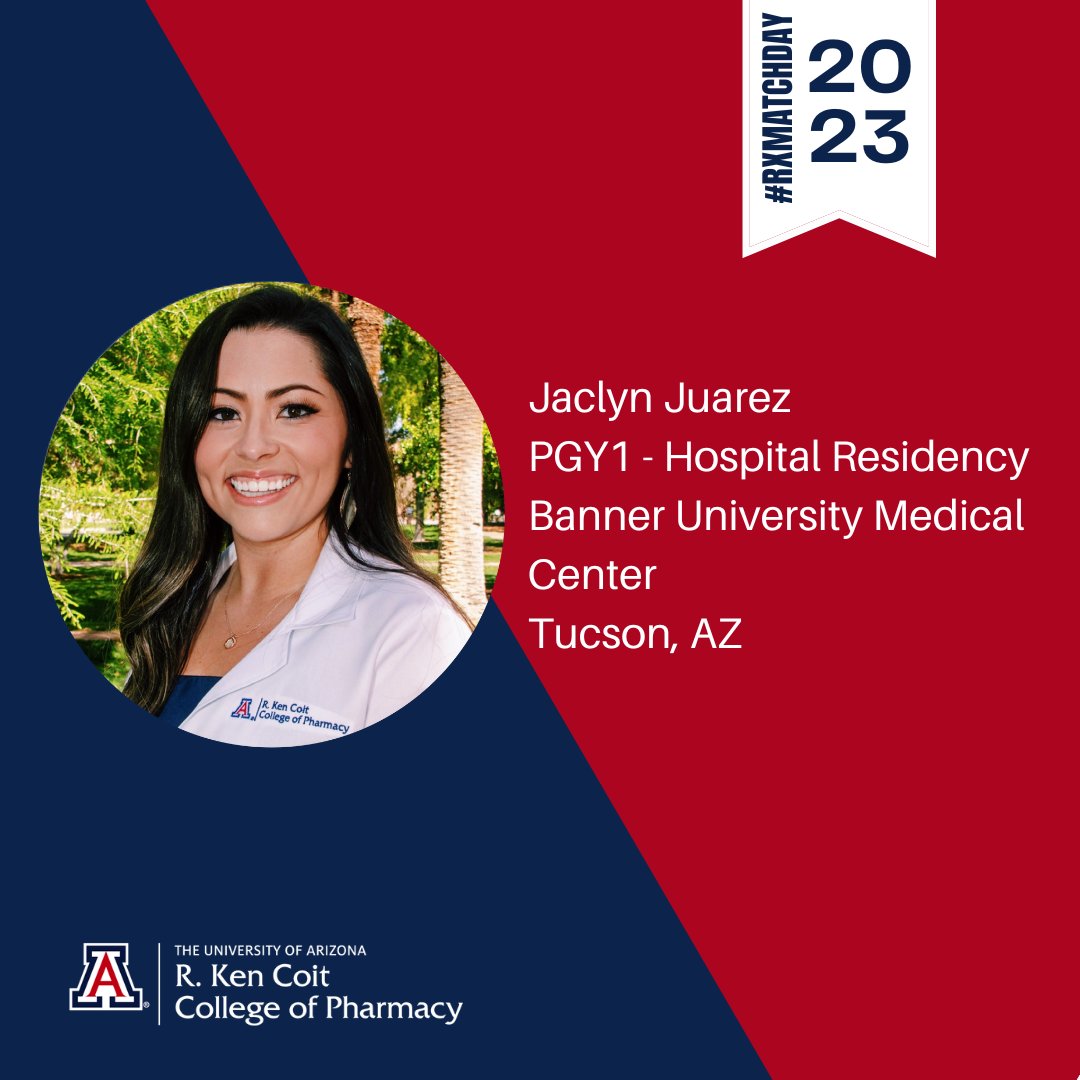 UAZPharmacy's tweet photo. Jaclyn Juarez has matched with @BannerHealth Medical Center in Tucson!
"I'm excited to see how much I can learn and grow as a pharmacist. I am also eager to continue learning our UA professors who are also preceptors. So excited for this next adventure!"
#RXMATCHDAY2023 https://t.co/rRGiC1KHRd