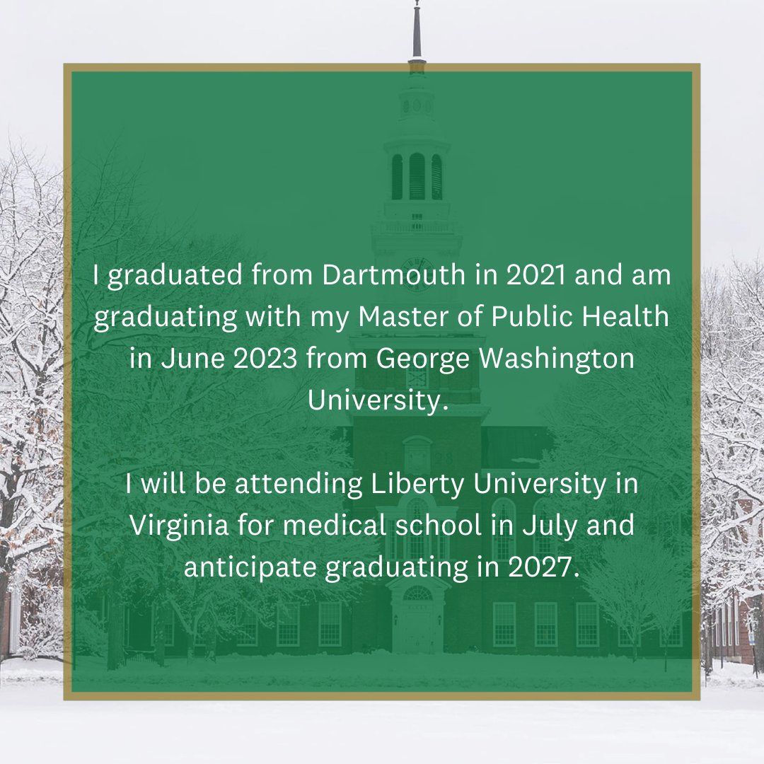 We are thrilled to hear from Anna Luce, who shares she will attend Liberty U. for #medschool after earning her #MPH from George Washington U. #Congratulations, Anna!
 #DartmouthFoundations #DartmouthFoundationsAlumni #DartmouthFoundationsFellows  #premed
