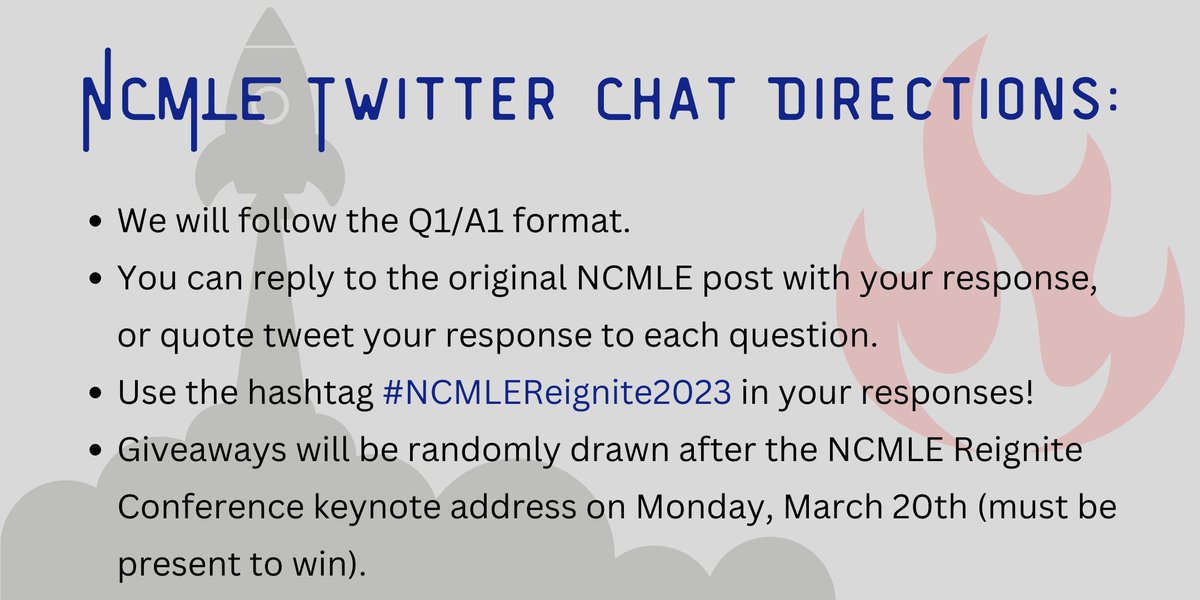 NCMiddle's tweet photo. 🔊 Welcome to the #NCMLEReignite2023 pre-conference Twitter Chat! 🔊

We are excited to engage with people from across the nation as we gear up for the @NCMiddle 50th Anniversary Conference in Charlotte, NC! 🔥🚀

Below are the directions for tonight’s hang-out. 🤝👇 https://t.co/dL2mY7zYNO