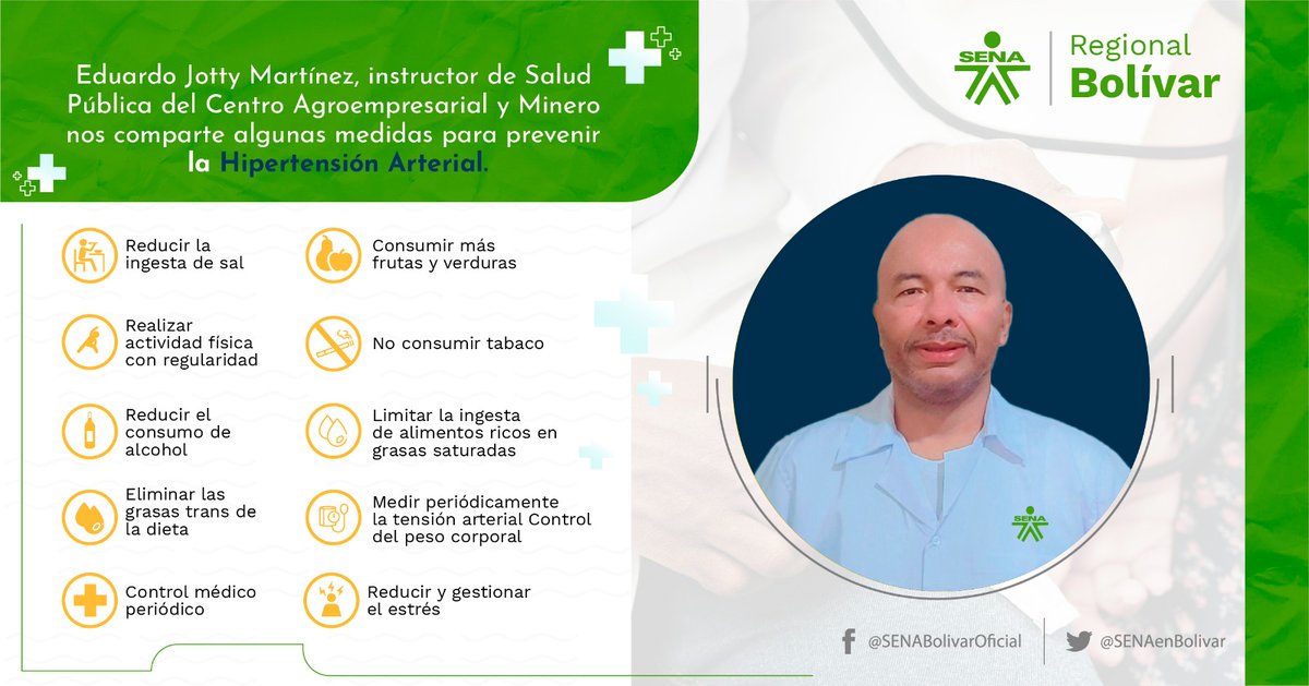 SENAenBolivar's tweet photo. 🤔 ¿Sabes cómo prevenir la Hipertensión Arterial? ¡Aquí te decimos! 🙋🏽🙋🏼‍♂️Sigue las recomendaciones del instructor 👨🏽‍🎓 Eduardo Jotty Martínez del programa Salud Pública⚕️ del Centro Agroempresarial y Minero y toma algunas medidas con este 🩺 #TipSalud de 💚@SENAenBolivar. https://t.co/25FTafj6Lz