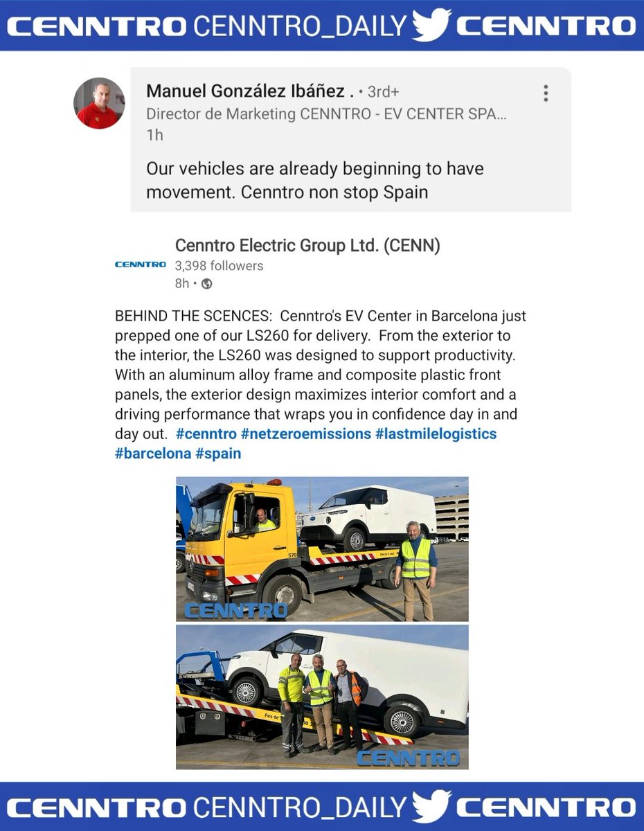 _X_Alex_'s tweet photo. #CENN #CENNTRO $CENN
#AUTONOMOUS #HYDROGEN
#ELECTRICVEHICLES⚡️#EV
#LOGISTAR260 #LOGISTAR #LS260
Manuel González Ibáñez :
Director de Marketing CENNTRO -
EV CENTER #SPAIN
Our vehicles are already
Beginning to have movement.
Cenntro non stop Spain
https://t.co/kFJzuNqulv https://t.co/ktbP8VXUmj